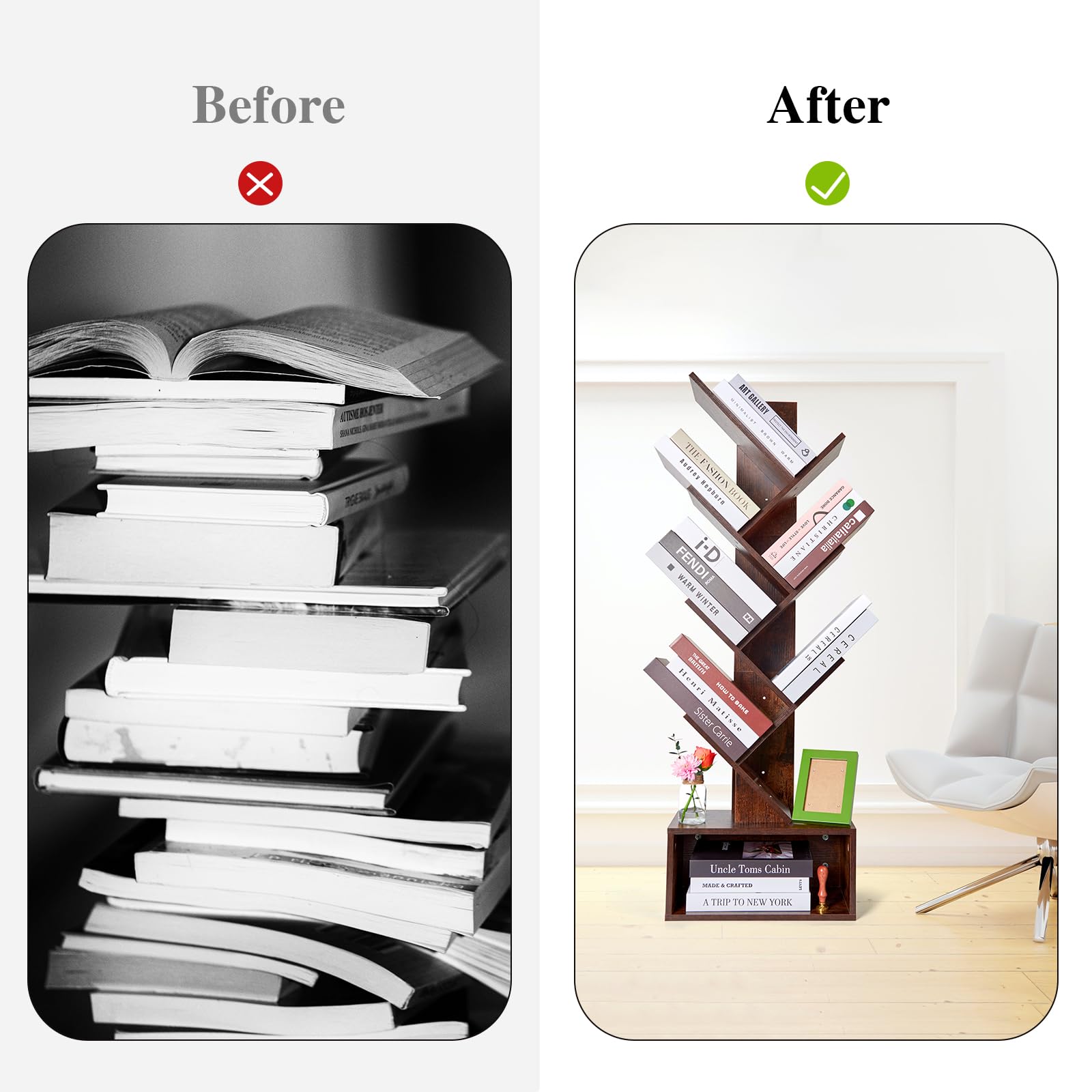 ohohFLOWER Tree Bookshelf 6 Layers with Drawers Retro Book Holder Rustic Brown Wooden Floor Standing Bookshelf for Living Room,Bedroom,Home Office Modern Bookcase