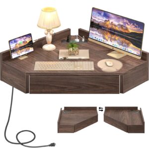 armocity floating corner desk with outlets & usb ports, wall-mounted corner table for small space, triangle computer desk with drawer for home office, vanity desk, corner space, bedroom, espresso