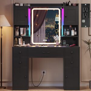 tiptiper makeup vanity with mirror & lights, power outlet & rgb lights, vanity desk with 5 drawers, 4 cabinets & time display, large dressing table, black