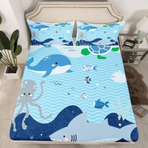 Shark and Whale Fitted Sheet,Full Size Cartoon Sea Animal Collections Octopus Turtle Theme,Soft Decorative Fabric Bedding Deep Pocket for Children Teens Young Boys Girls,with 2 Pillowcases