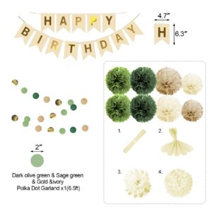 Lasocy Sage Green Happy Birthday Party Decorations Sage olive green Gold Retro Green Balloons Nude Happy Birthday Banner Neutral Rustic Botanical Greenery Décor Supplies for Women Girls Baby