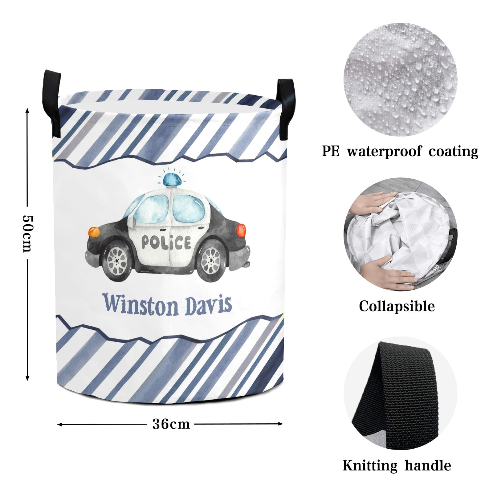 Personalized Laundry Baskets Bin, Cute Little Police Car Laundry Hamper with Handles,Waterproof Clothes Hamper, Laundry Bin, Clothes Toys Storage Basket for Bedroom, Bathroom, College Dorm 50L