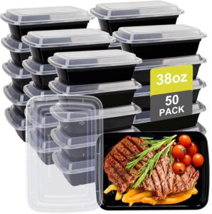 meal prep containers reusable - 38oz food storage containers with lids - 50 pack plastic to go food containers, disposable to go containers with lids bpa free, microwave/dishwasher/freezer safe