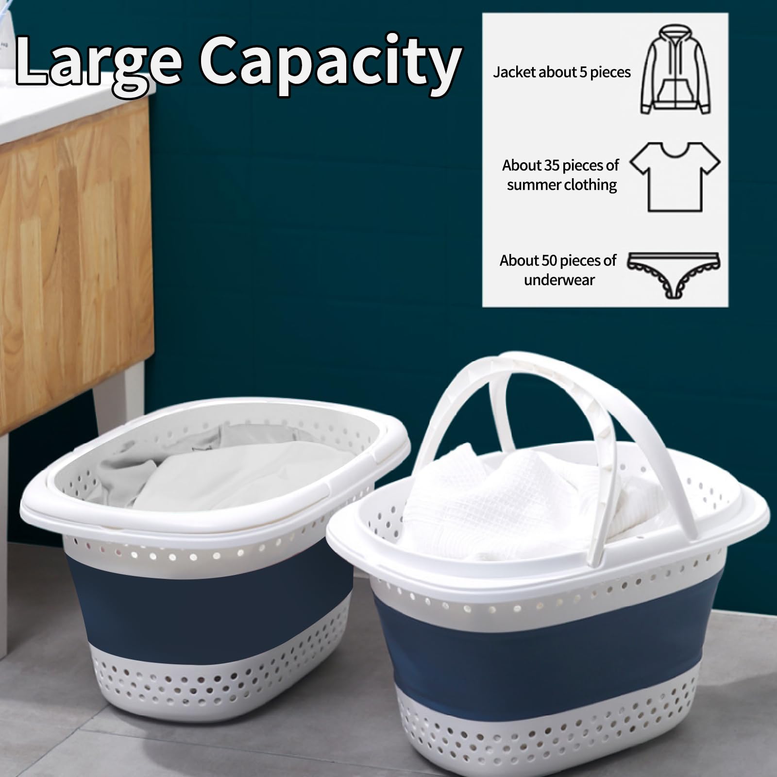 AOFUXTI Collapsible Plastic Laundry Basket - 30L(7.9 Gallon) Foldable Small Laundry Basket with Handles, for Laundry, Camping, Indoor and Outdoor, Blue