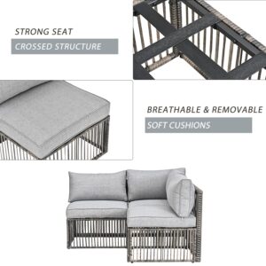 Festival Depot 3 Pieces Patio Conversation Set Sectional Corner Sofa Combination Outdoor Furniture All-Weather Wicker Metal Armless Chairs with Seating Back Cushions Garden Deck Poolside (Grey)