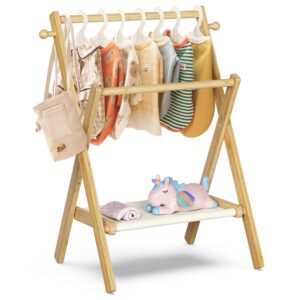 bamboohomie baby clothing rack for baby shower pets dolls, baby clothes rack with storage shelf & double rods, toddler clothes rack, mini closet rack, baby shower rack (natural)