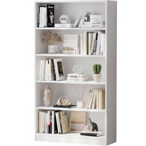 Soohow White Bookshelf, Bookcase with Adjustable Shelves, 5 Shelf Bookcase, Book Case, Wood Bookshelf, Large Tall White Bookshelf for Living Room, Bedroom, 60 in Tall, 33 in Wide, 11.6 in Deep