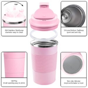 YINBAOGE Insulated Travel Coffee Mug Spill Proof Leak Proof Pobtable To Go Camping Stainless Steel Coffee Tumbler Reusable Coffee Cups with Lids Thermos for Hot and Cold Drink (Pink, 12 OZ)