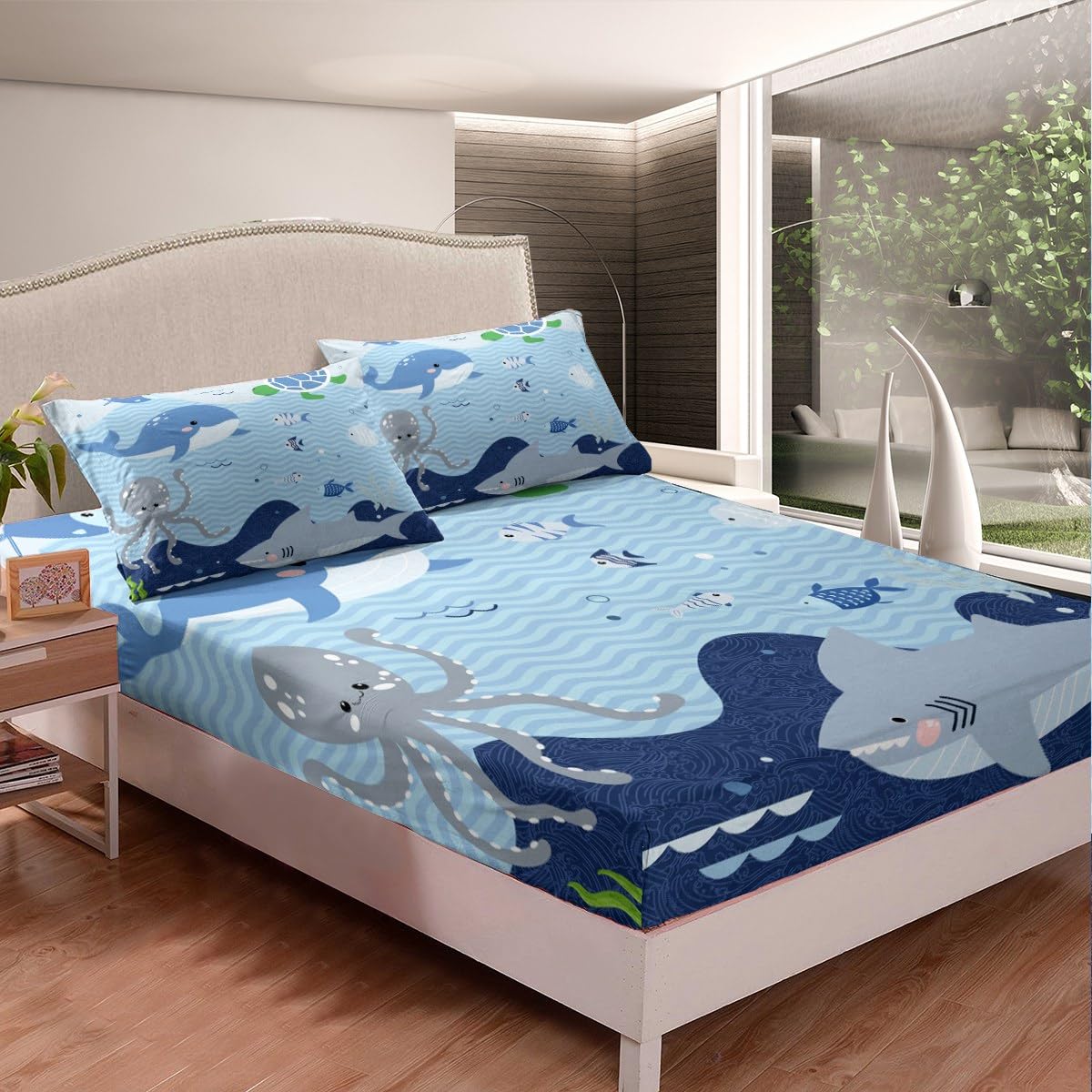 Shark and Whale Fitted Sheet,Full Size Cartoon Sea Animal Collections Octopus Turtle Theme,Soft Decorative Fabric Bedding Deep Pocket for Children Teens Young Boys Girls,with 2 Pillowcases