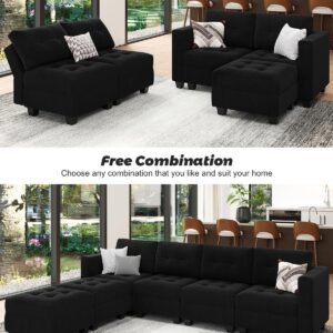 Belffin Modern U Shaped Modular Sectional Sofa with Storage Seats, 6 Seats Sleeper Couch with Reversible Chaise, Modular Oversized Sectional with Ottomans, Black