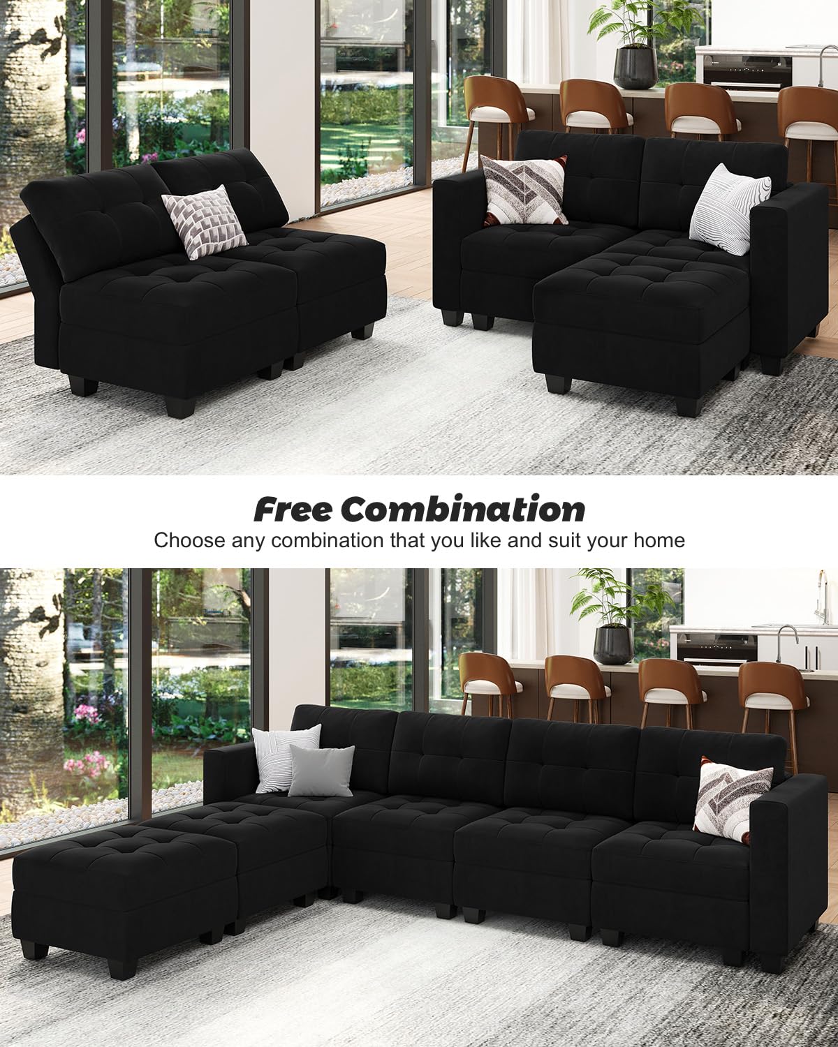 Belffin Modern U Shaped Modular Sectional Sofa with Storage Seats, 6 Seats Sleeper Couch with Reversible Chaise, Modular Oversized Sectional with Ottomans, Black