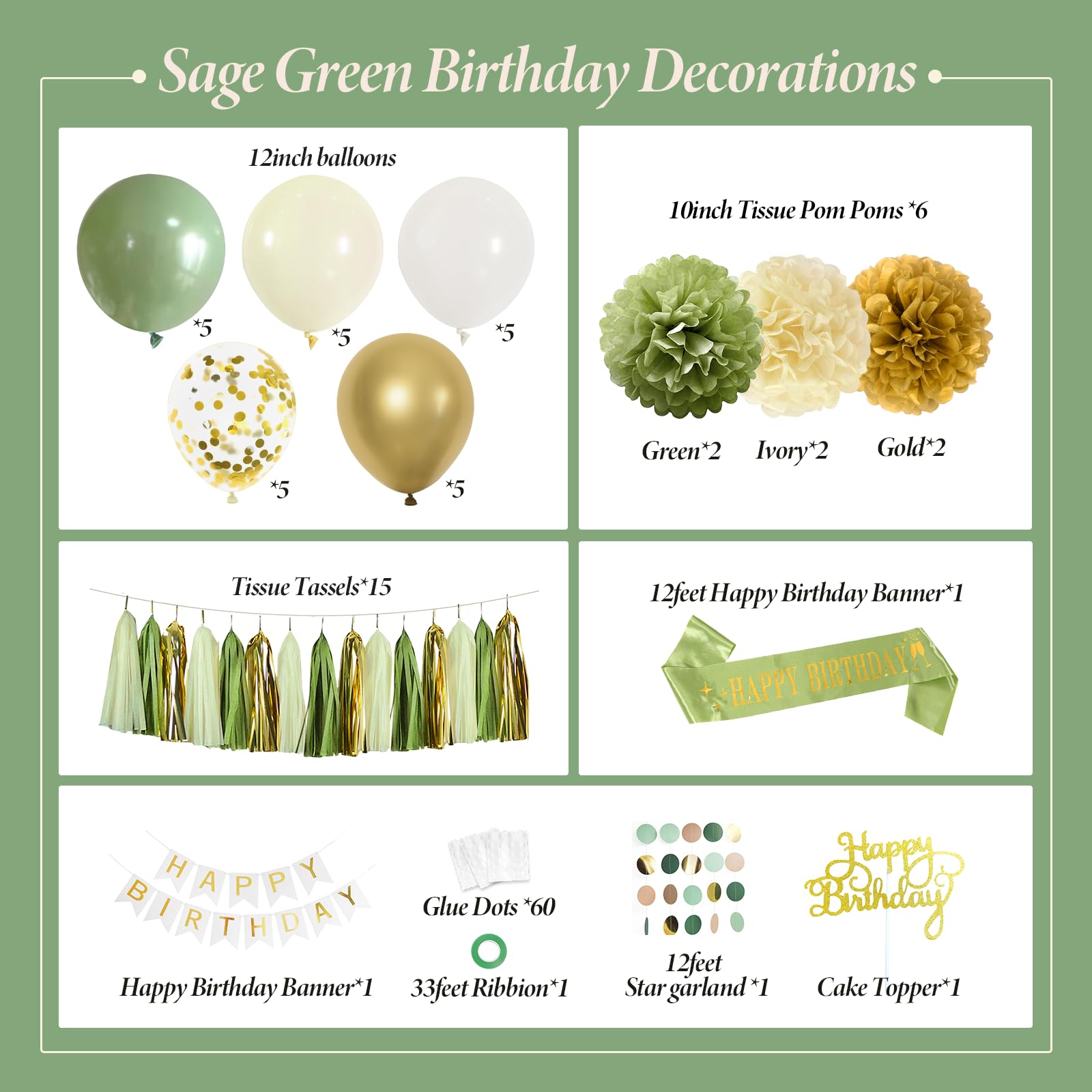 Sage Green Birthday Party Decorations with Birthday Banner,Tissue Tassels Paper Pompoms,Balloons,Birthday Sash,Cake Topper Birthday Decorations for Women Adults