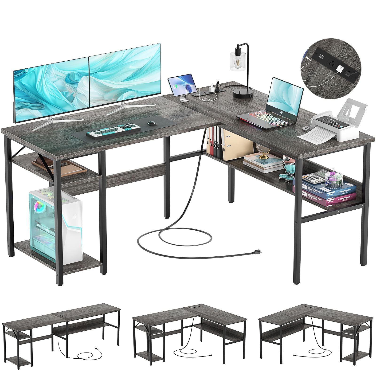 Hyomdeck Reversible L Shaped Gaming Desk with Power Outlets and USB Charging Ports, Sturdy Computer Desk with Storage Shelf, Modern Corner Desk Home Office Table, Easy to Assemble, Gray Oak