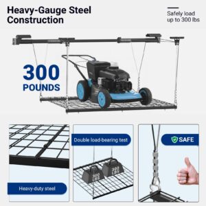 FLEXIMOUNTS GL1 Overhead Garage Lifting Storage Rack, 4x4 Ft Heavy-Duty Metal Garage Ceiling Rack, Adjustable Organization System, 300lbs Weight, Black