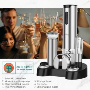 Electric Wine Opener Set with Stand, Wine Gift Set with Rechargeable Wine Opener, Wine Aerator, Foil Cutter, Vacuum Pump and 2 Stoppers, 7-in-1 Wine Bottle Opener Set for Home Party Bar Outdoor Gift