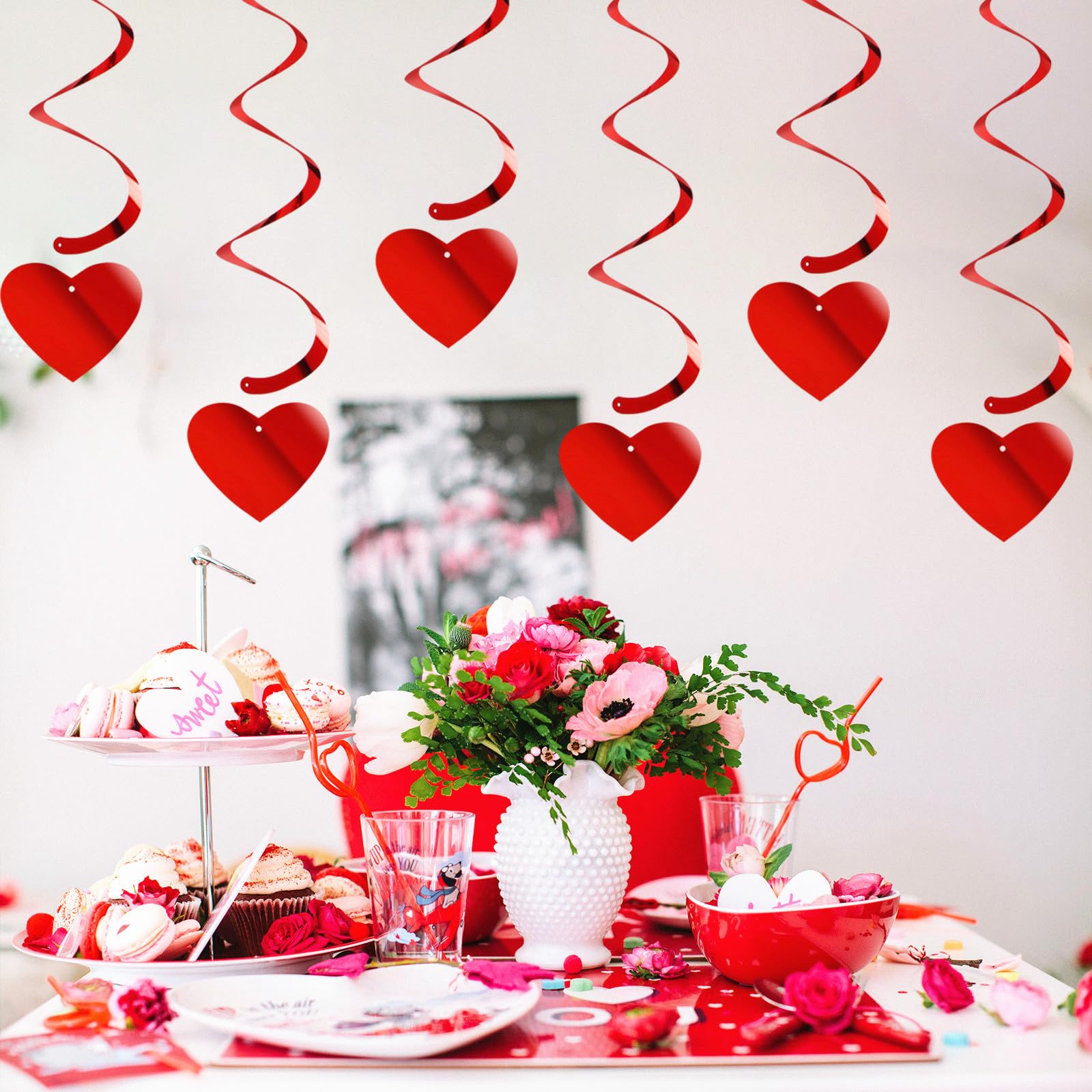 Valentines-Day Red Heart Swirls Party-Decorations - 18Pcs Romantic Special Night Galentines Hanging Streamers Garland, Girl Wedding Anniversary Baby Bridal Shower Birthday Decor Supplies Hugtmr