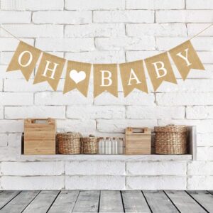 Prestrung Oh Baby Burlap Banner Sign - Baby Shower Decorations - Neutral Gender Reveal Party Decor for Girl Boy