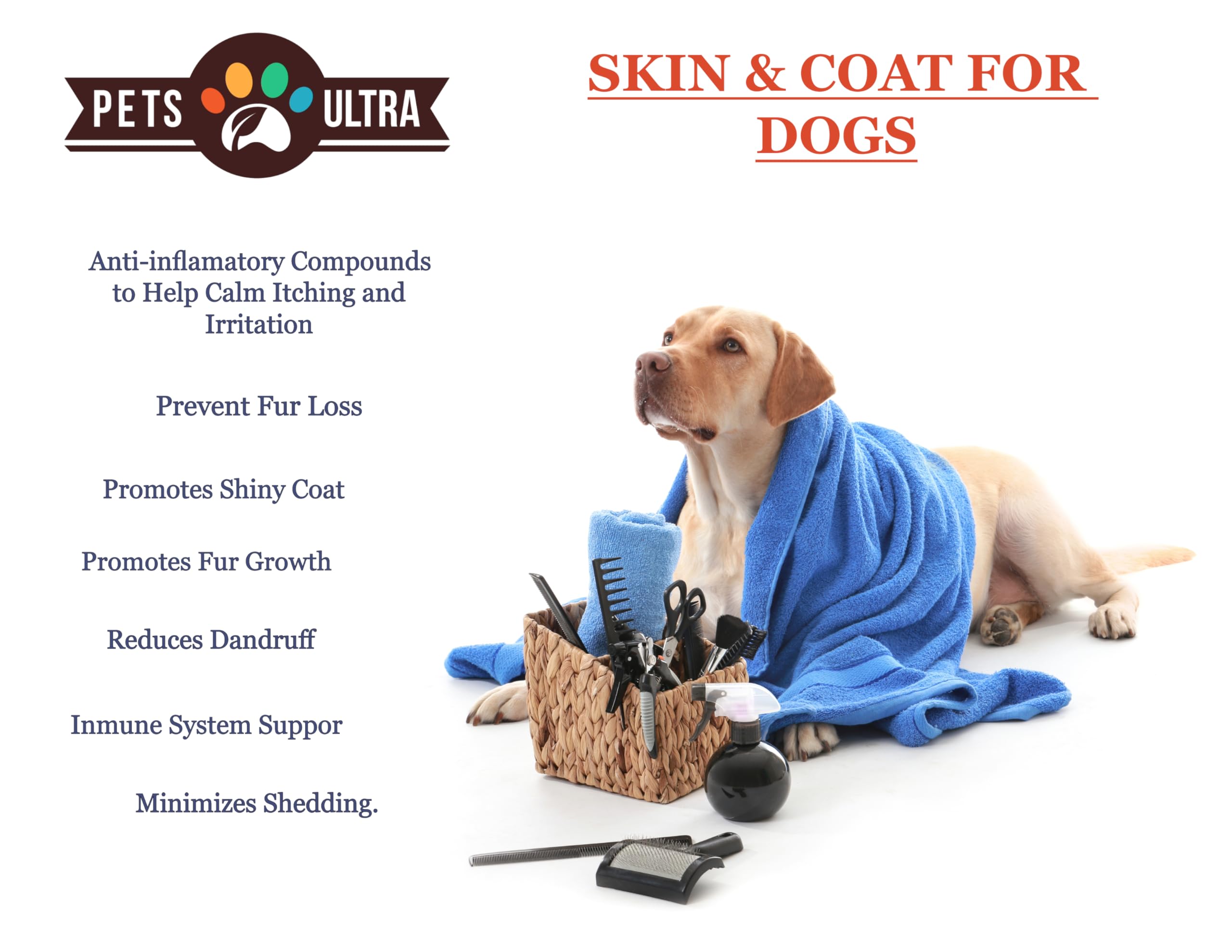 Pets Ultra Skin & Coat Supplement for Dogs 90 Shew Treats, Bacon Flavor, Flax Seed Oil Omega 3,6 and 9, Wild Alaska Salmon Oil,Biotin, Skin Allergy, Itch Relief, Hot Spots Treatment.