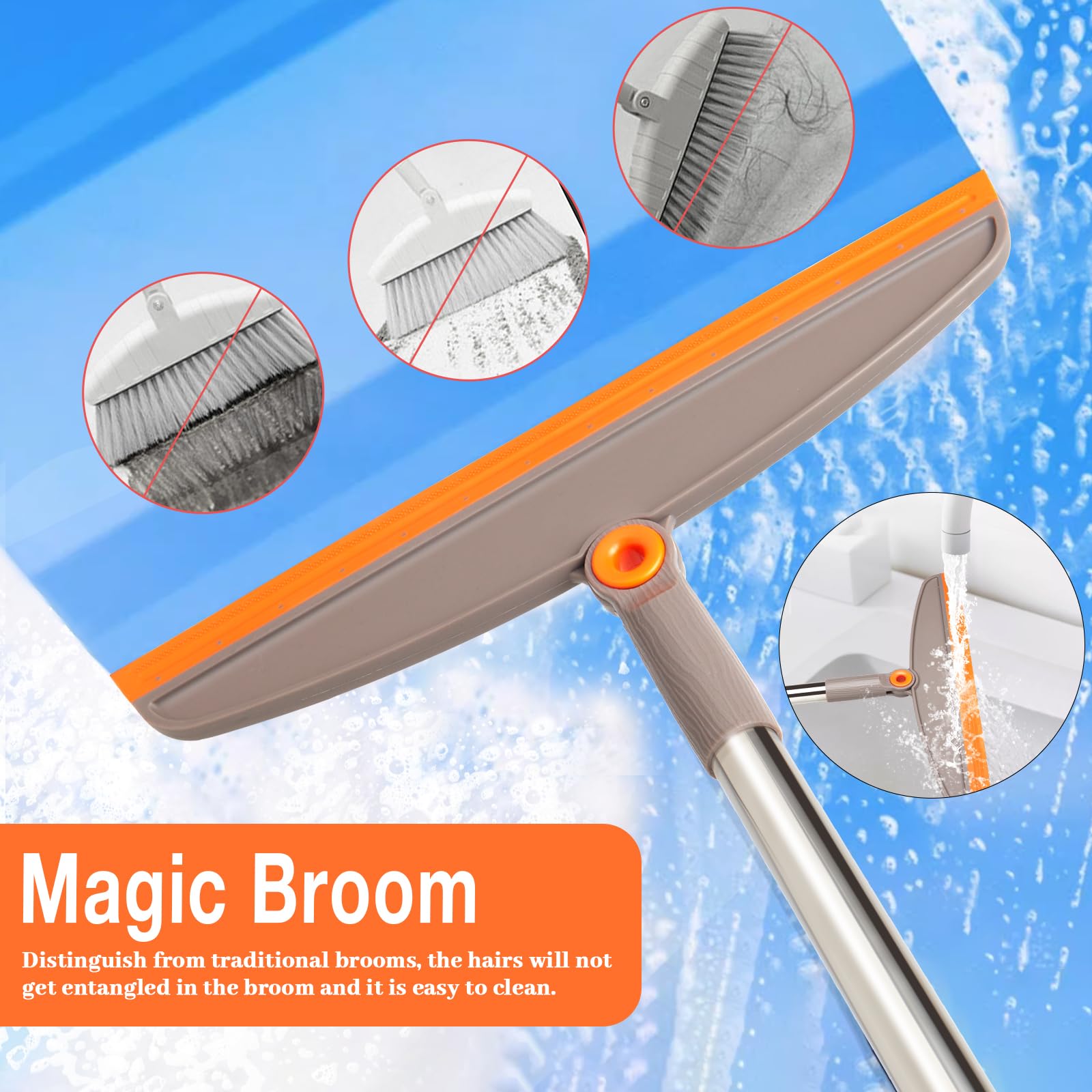 XXFLOWER Silicone Air Broom,Multifunction Magic Broom with Long Handle，Adjustable Rubber Squeeze Broom Sweeping Water,Pet Hair Remover for Carpet,Kitchen,Concrete Floor,Bathroom Tile(Grey Orange)