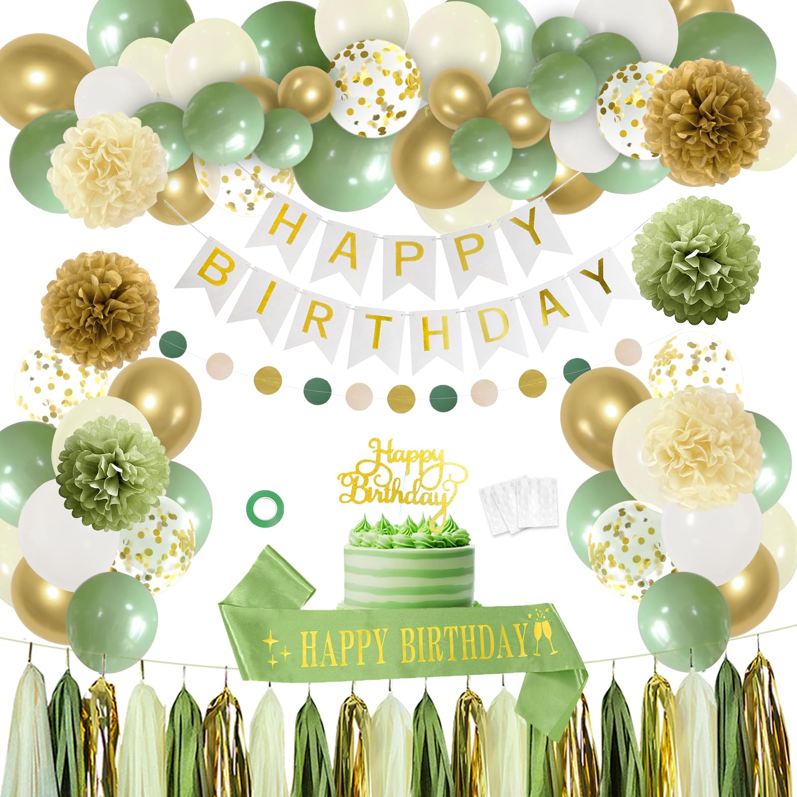 Sage Green Birthday Party Decorations with Birthday Banner,Tissue Tassels Paper Pompoms,Balloons,Birthday Sash,Cake Topper Birthday Decorations for Women Adults