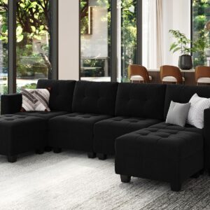 Belffin Modern U Shaped Modular Sectional Sofa with Storage Seats, 6 Seats Sleeper Couch with Reversible Chaise, Modular Oversized Sectional with Ottomans, Black