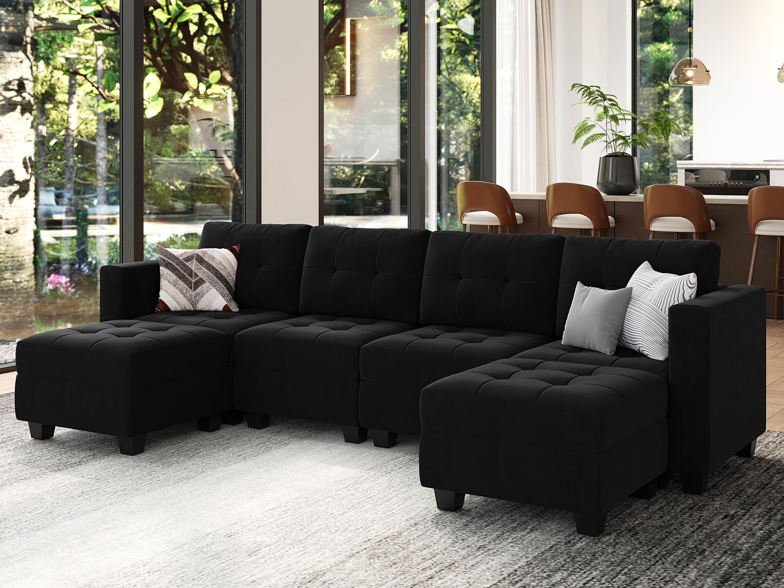 Belffin Modern U Shaped Modular Sectional Sofa with Storage Seats, 6 Seats Sleeper Couch with Reversible Chaise, Modular Oversized Sectional with Ottomans, Black