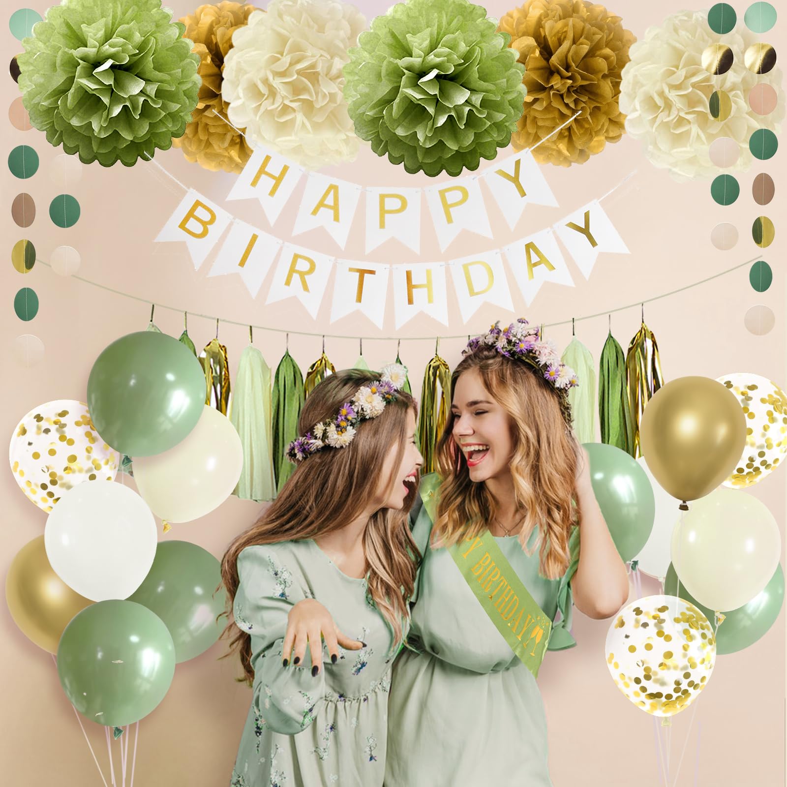 Sage Green Birthday Party Decorations with Birthday Banner,Tissue Tassels Paper Pompoms,Balloons,Birthday Sash,Cake Topper Birthday Decorations for Women Adults