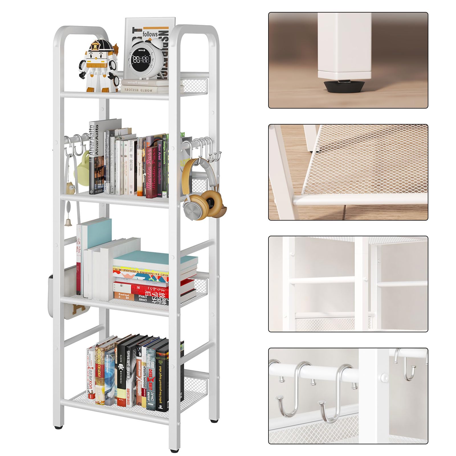 YMYNY 4 Tier Bookshelf, Freestanding Bookcase for Living Room, Bedroom, Home Office, Multi-Functional Storage Rack Organizer, Display Rack with Metal Frame, Rust Resistance, White, UHBC054W