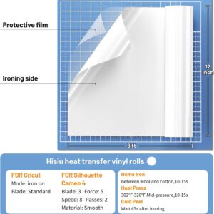 Hisiu White HTV Heat Transfer Vinyl,12" x8ft White Iron on Vinyl for T Shirts, White HTV Vinyl Roll Compatible with Cricut and All Cutting Machine, Stretch Vinyl Easy to Cut and Transfer DIY Design