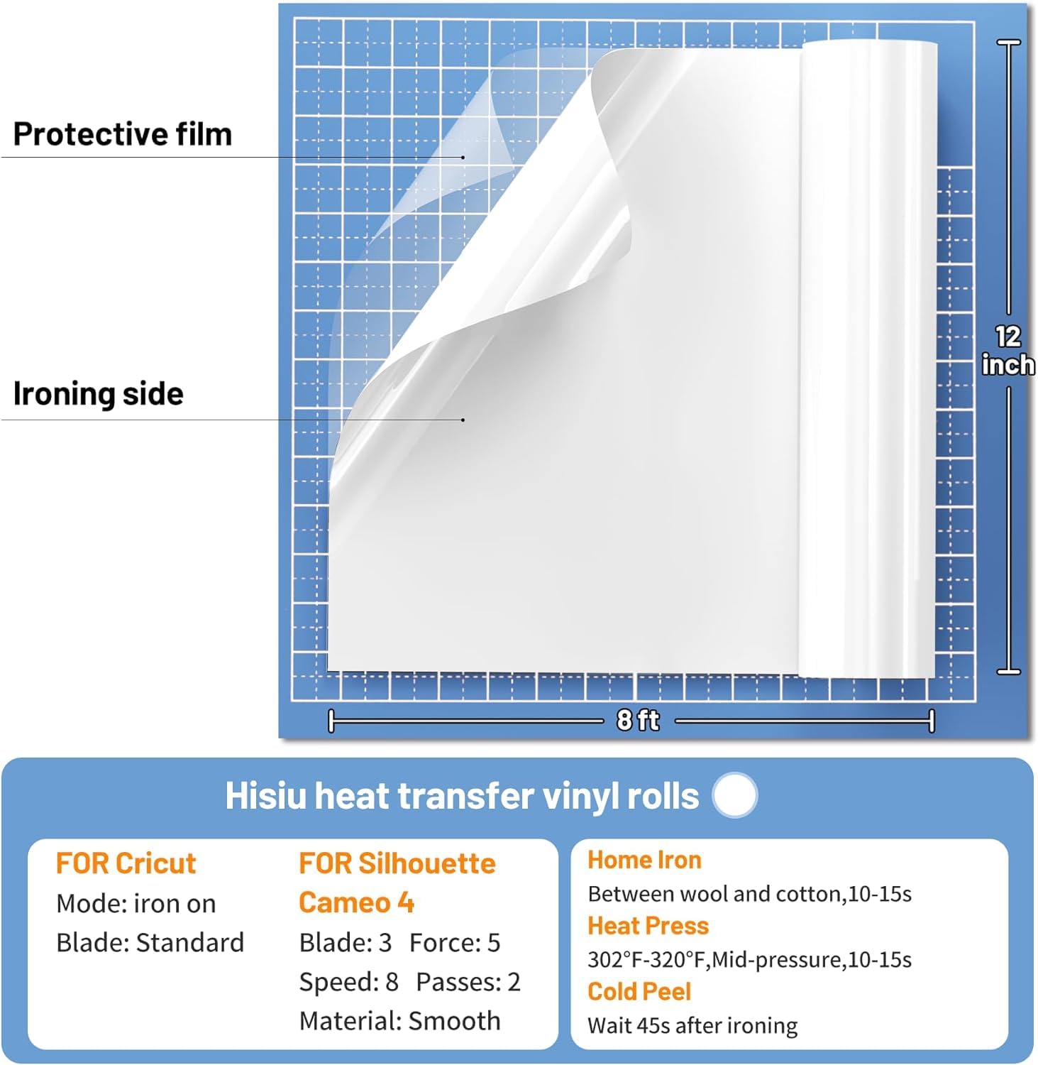 Hisiu White HTV Heat Transfer Vinyl,12" x8ft White Iron on Vinyl for T Shirts, White HTV Vinyl Roll Compatible with Cricut and All Cutting Machine, Stretch Vinyl Easy to Cut and Transfer DIY Design