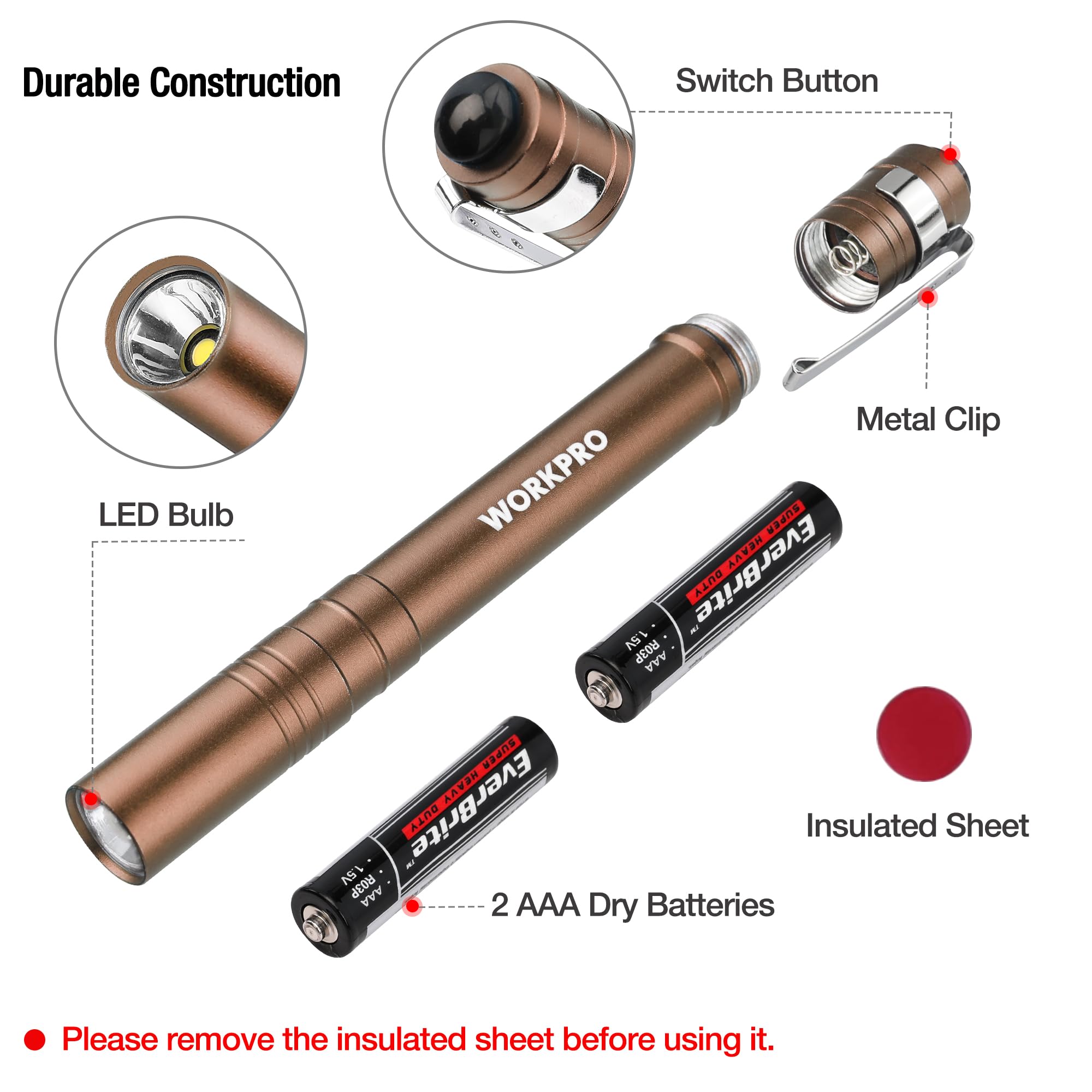 WORKPRO LED Pen Light, Aluminum Pen Flashlights, Pocket Flashlight with Clip for Inspection, Emergency, Everyday, 2AAA Batteries Include, Brown(4-Pack)