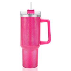 qdxmd 40 oz tumbler with handle and straw lid, vacuum insulated leak proof double walled stainless steel glitter travel mug tumblers, maintains cold ice and heat for hours(hot pink)