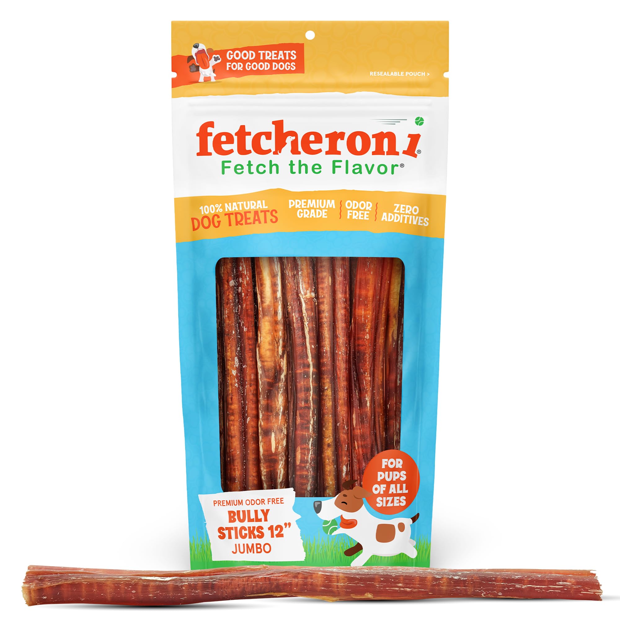 FETCHERONI Jumbo Bully Sticks for Dogs - 100% Beef, Rich Flavor - A Thick, Easily digestible Stick for Your Large Dog and Aggressive chewers -Dog Bully Sticks for Large Dogs (12 Inch, 5 Pack)