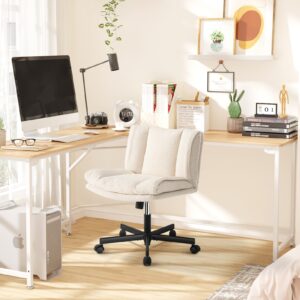 LEAGOO Criss Cross Chair with Wheels, Furry Armless Desk Chair, Comfy Wide Seat Cross Legged Office Chair, Stylish Height Adjustable Cute Swivel Vanity Chair for Home Office, Make Up, Cream White