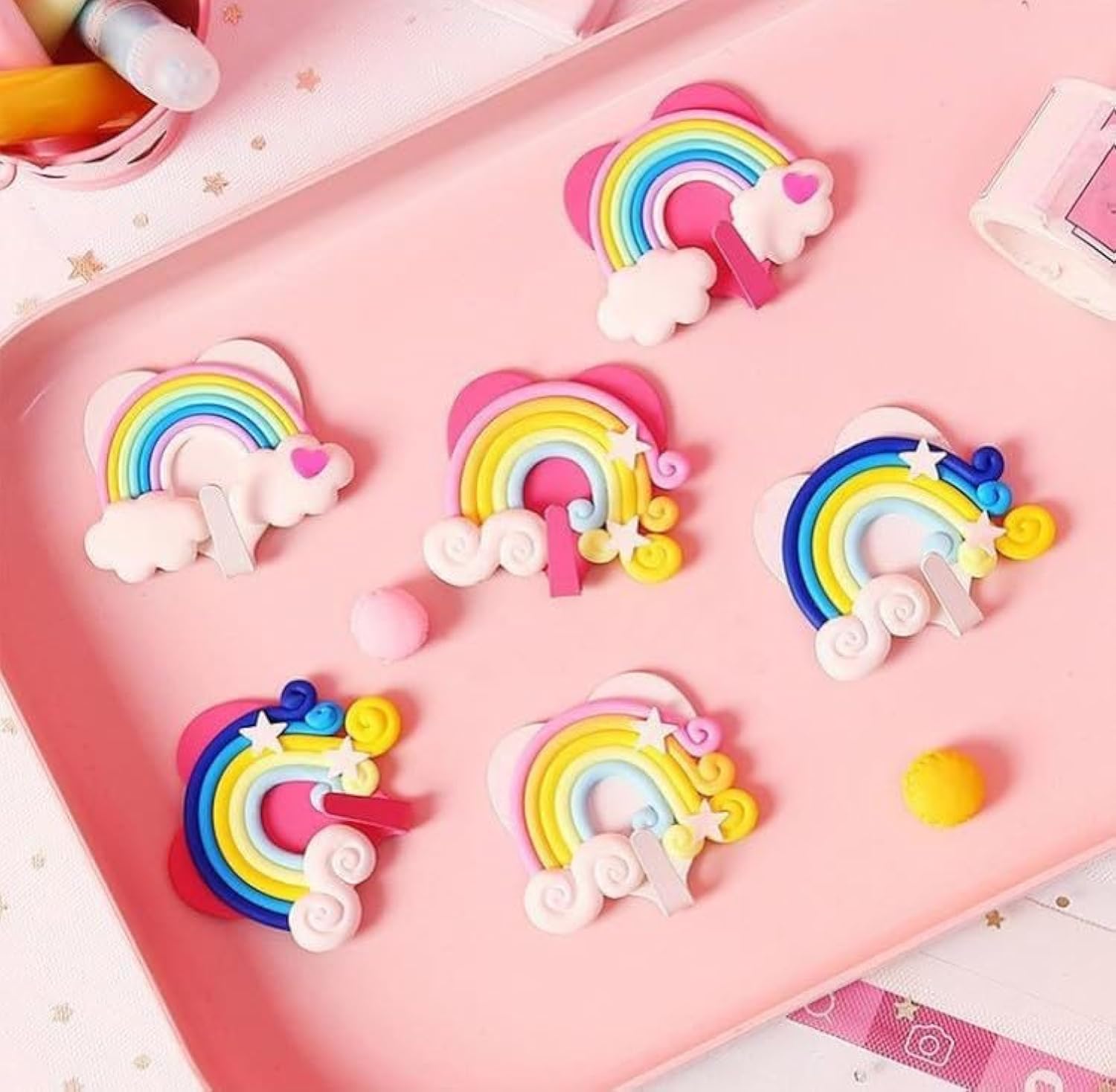 18Pcs Rainbow Wall Hook Cute Clouds Star Rainbow Key Hat Towel Hooks Adhesive Drill Free Wall Hangers Wall- Mounted Hanger Wall Clothes Hooks for Home Office Kids Room