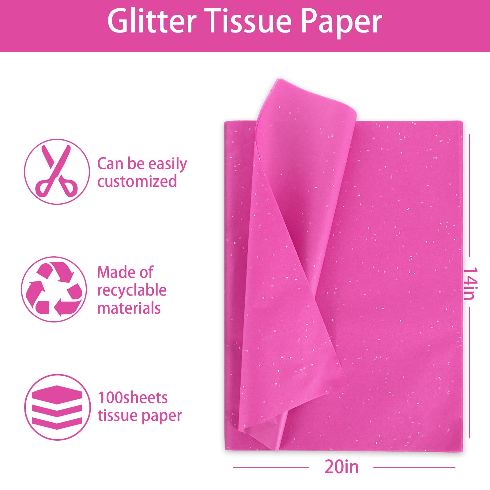 JarThenaAMCS 100 Sheets Hot Pink Tissue Paper Glitter Gift Wrapping Paper Shiny Art Craft Paper for DIY Crafts Valentine's Day Birthday Party Home Decor, 14 x 20 Inch