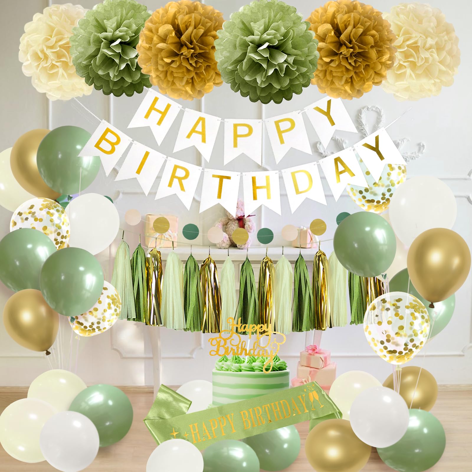 Sage Green Birthday Party Decorations with Birthday Banner,Tissue Tassels Paper Pompoms,Balloons,Birthday Sash,Cake Topper Birthday Decorations for Women Adults