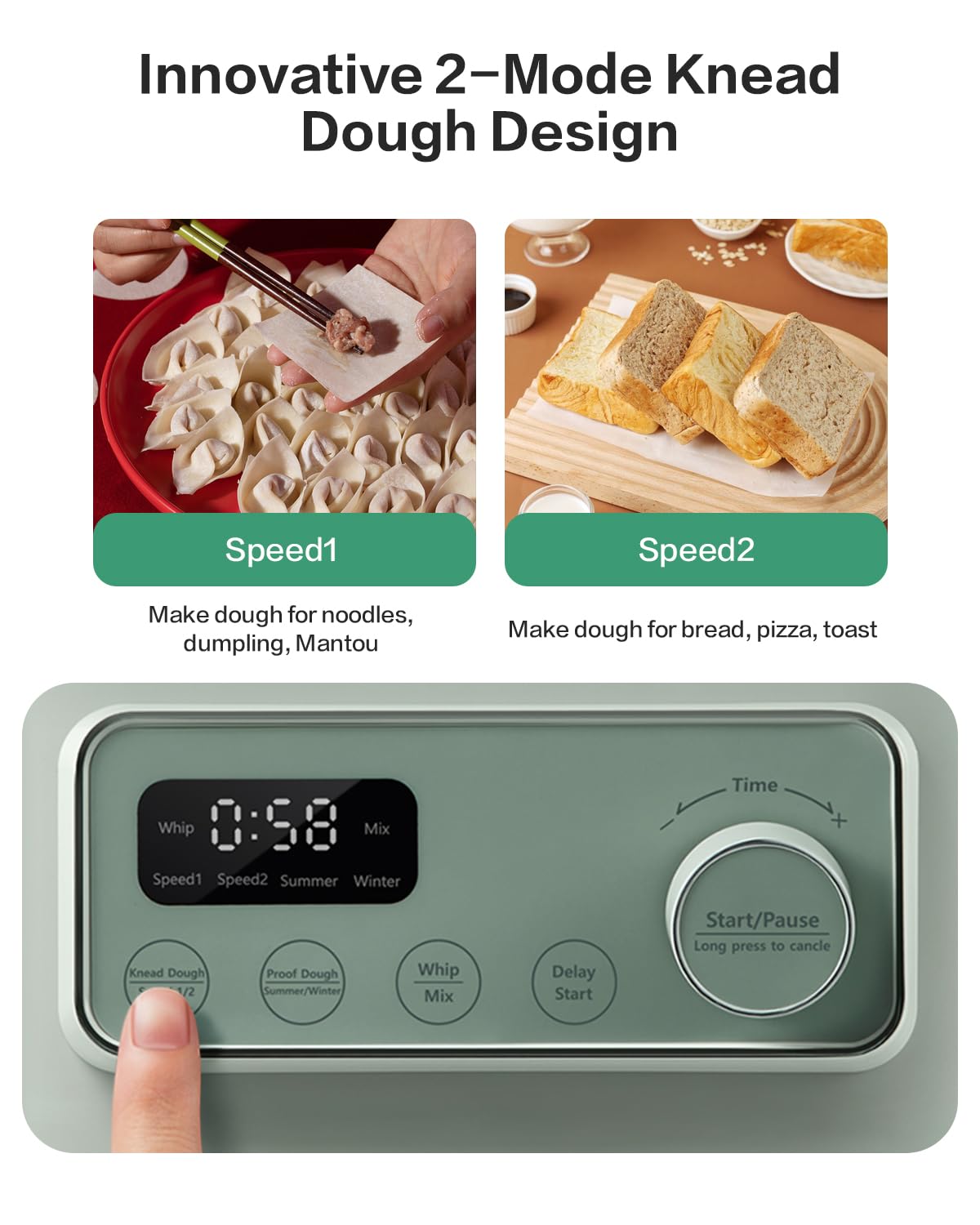 MOKKOM Electric Dough Maker with Proof Dough Function, Microcomputer Timing, 4.5Qt 304 Stainless Steel Bowl, Dough Mixer with Stuffing Blade, Green