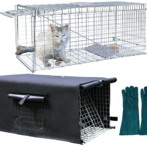 Anmials Trap Cage with Cover & Glove, Trap Cages Cover with Mesh Window for 1-2 Door Humane Animal Trap Cage 32 x 10 x 12inch