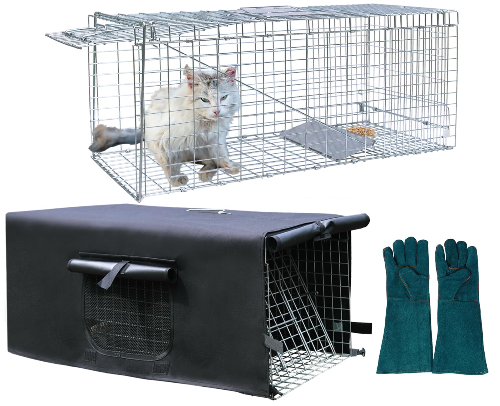 Anmials Trap Cage with Cover & Glove, Trap Cages Cover with Mesh Window for 1-2 Door Humane Animal Trap Cage 32 x 10 x 12inch