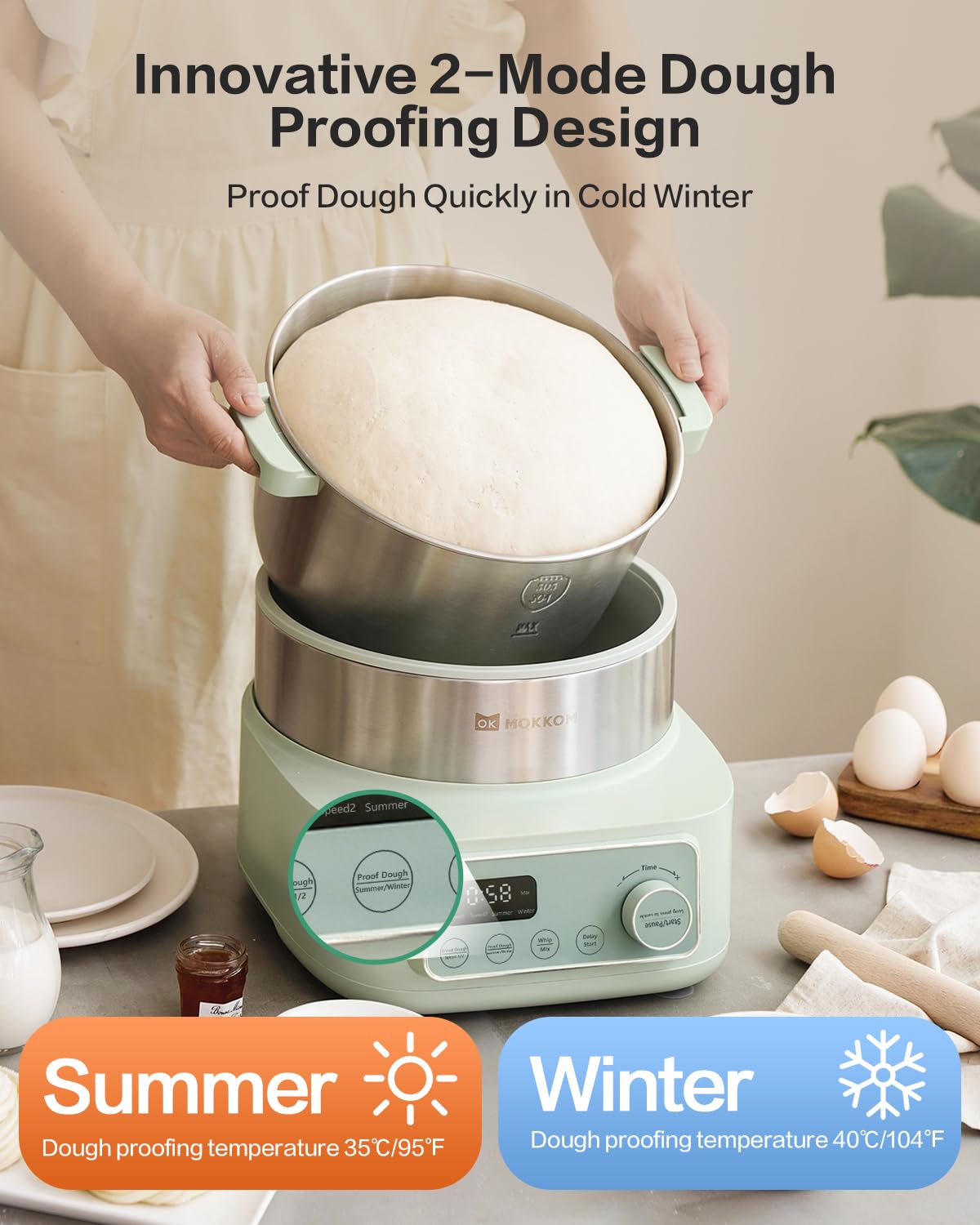 MOKKOM Electric Dough Maker with Proof Dough Function, Microcomputer Timing, 4.5Qt 304 Stainless Steel Bowl, Dough Mixer with Stuffing Blade, Green