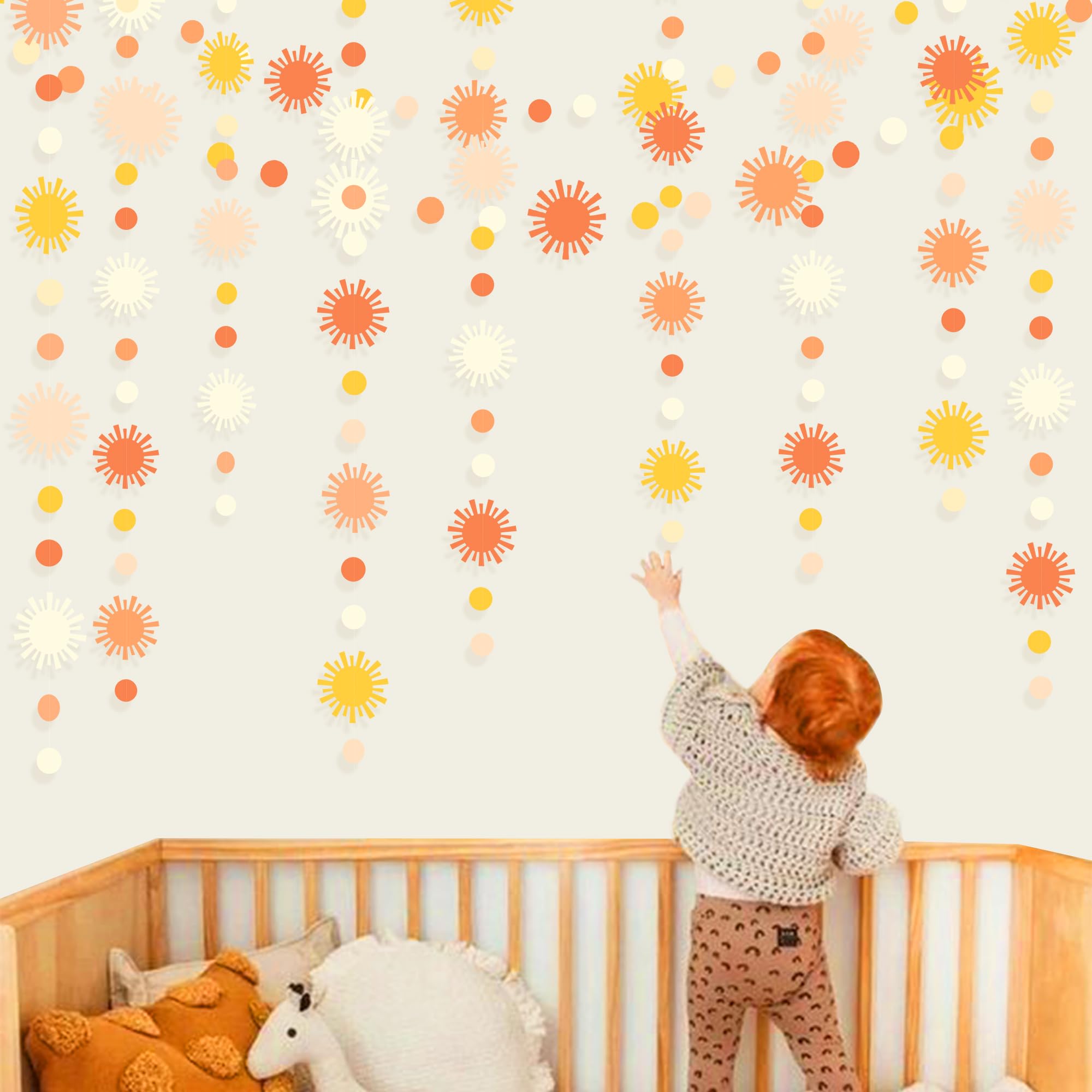 Sun Party Decorations Boho Sun Polka Dot Garland Streamer Ombre Orange White Retro Muted Sun Banner for First Trip Around the Sun Hippie Boho Summer Birthday Baby Shower Wedding Bridal Shower Supplies