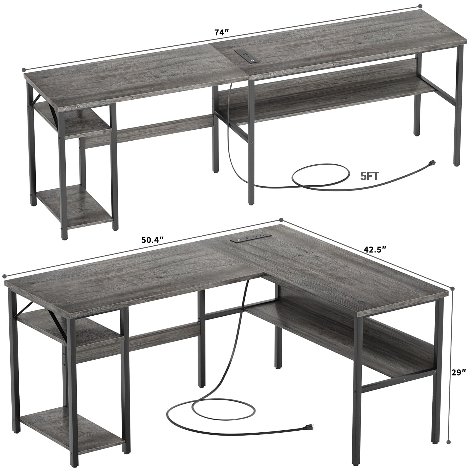 Hyomdeck Reversible L Shaped Gaming Desk with Power Outlets and USB Charging Ports, Sturdy Computer Desk with Storage Shelf, Modern Corner Desk Home Office Table, Easy to Assemble, Gray Oak