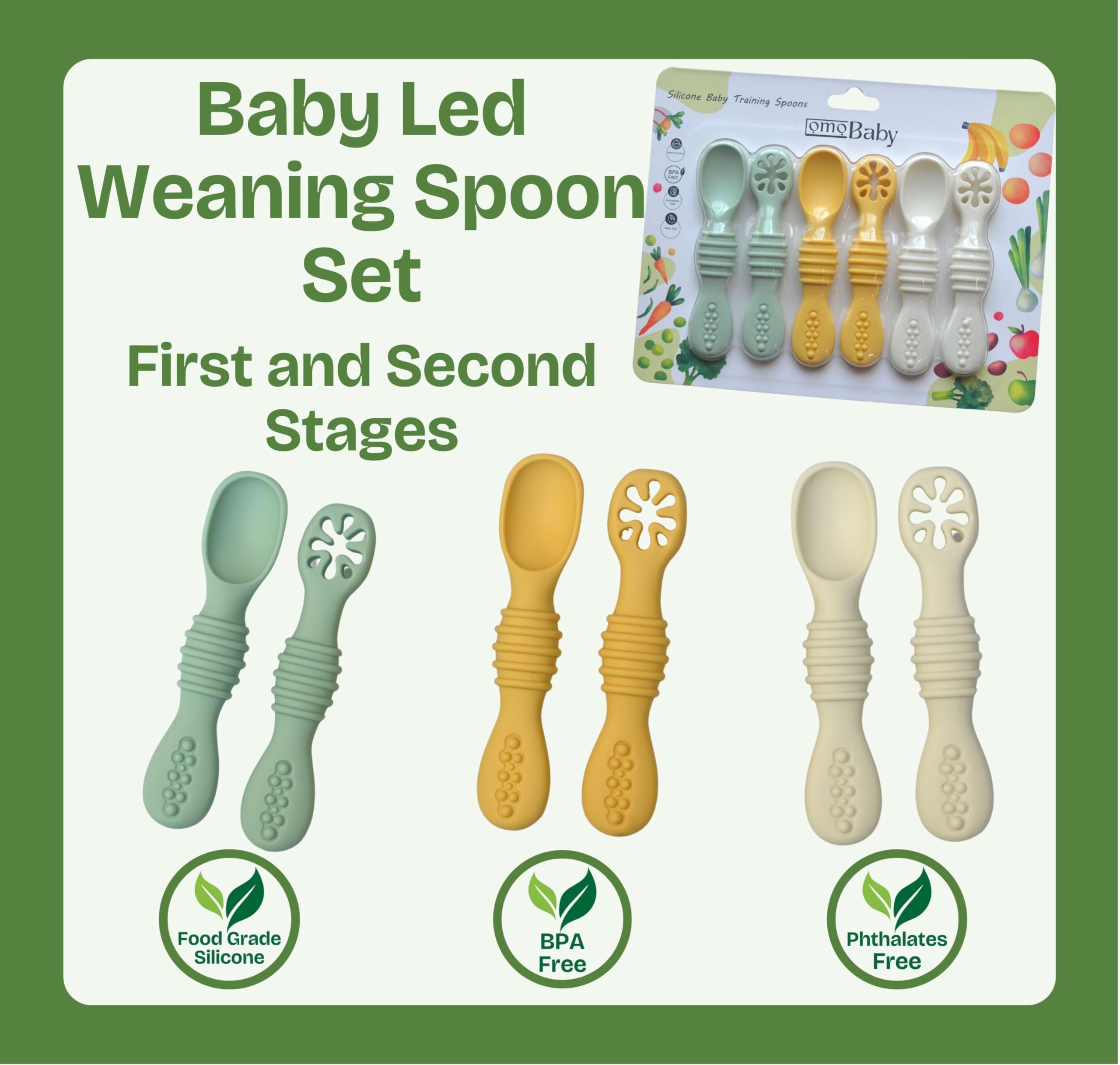 omoBaby 6 Pack Baby Led Weaning Silicone Spoons (Yellow)