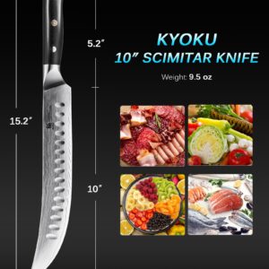 KYOKU 10" Scimitar Knife, Gin Series Cimitar Breaking Knife with Silver PVD Coating Damascus Blade, Japanese VG10 Stainless Steel Butcher Knife, Full Tang Brisket Kitchen Knife with Sheath & Case