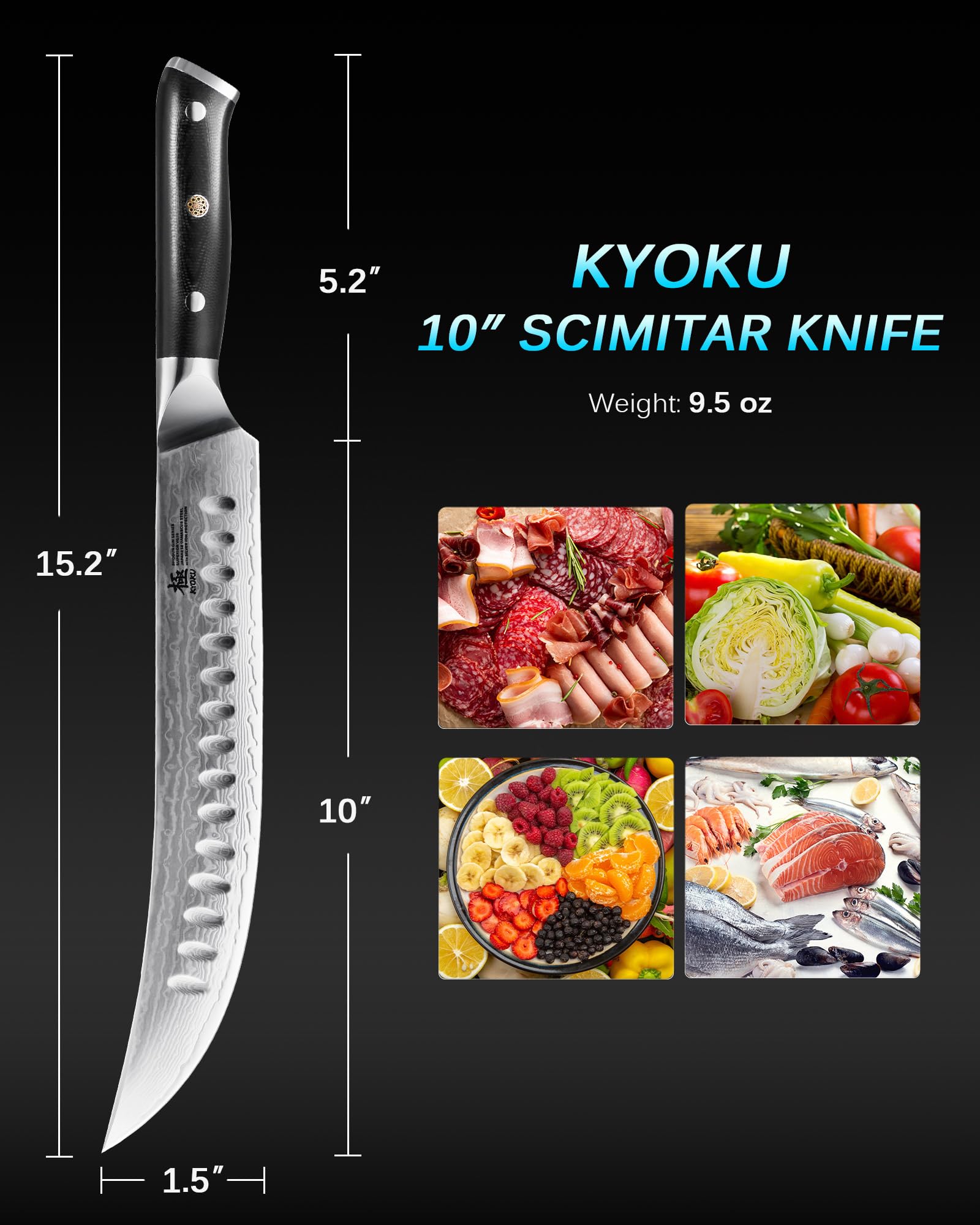 KYOKU 10" Scimitar Knife, Gin Series Cimitar Breaking Knife with Silver PVD Coating Damascus Blade, Japanese VG10 Stainless Steel Butcher Knife, Full Tang Brisket Kitchen Knife with Sheath & Case