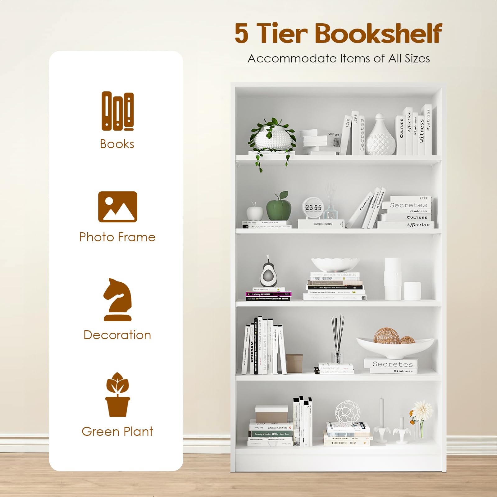 Soohow White Bookshelf, Bookcase with Adjustable Shelves, 5 Shelf Bookcase, Book Case, Wood Bookshelf, Large Tall White Bookshelf for Living Room, Bedroom, 60 in Tall, 33 in Wide, 11.6 in Deep