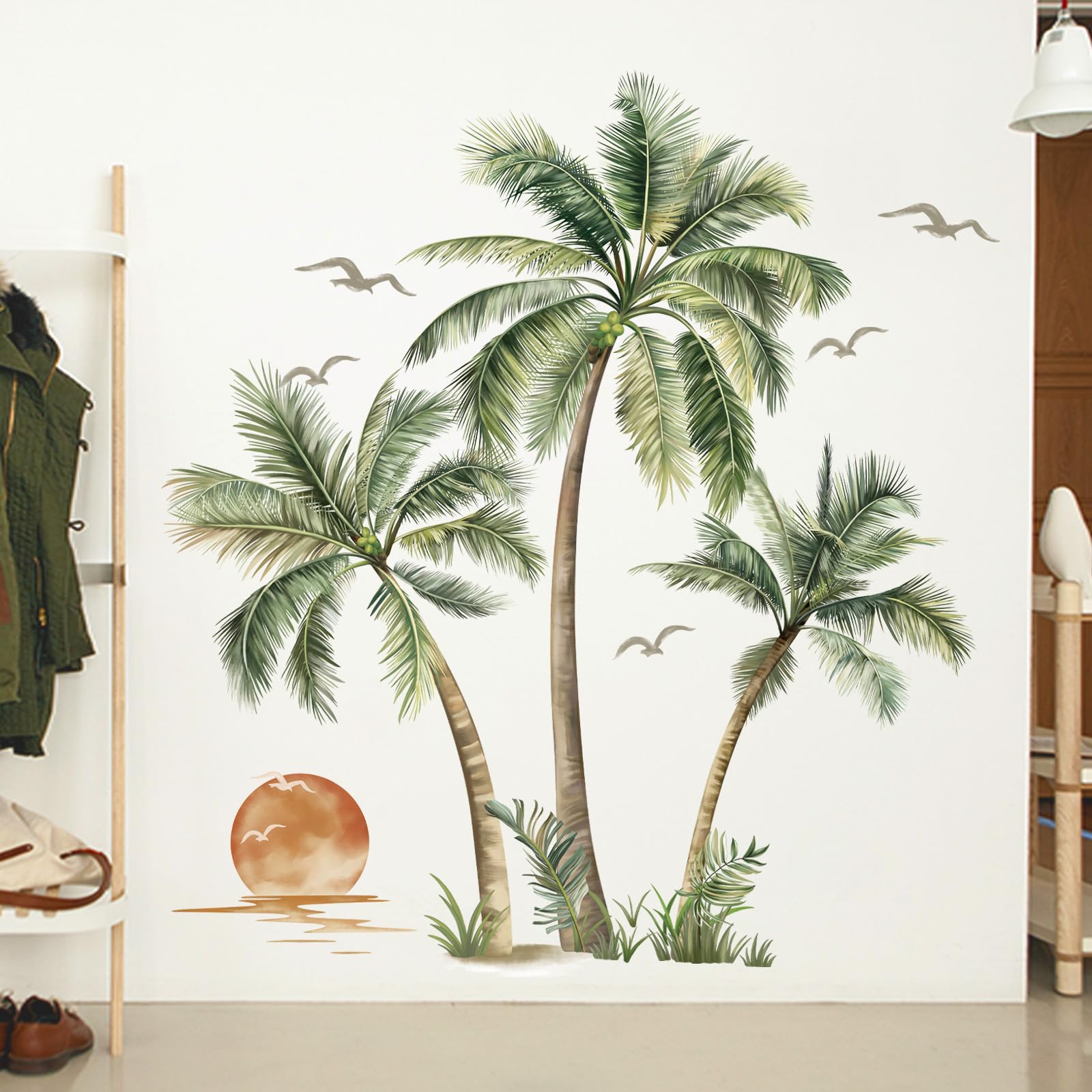 decalmile Large Boho Palm Tree Wall Decals Tropical Plant Sunset Beach Wall Stickers Living Room Bedroom Office Wall Decor (Tree H: 53 inches/135 cm)