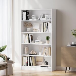 soohow white bookshelf, bookcase with adjustable shelves, 5 shelf bookcase, book case, wood bookshelf, large tall white bookshelf for living room, bedroom, 60 in tall, 33 in wide, 11.6 in deep