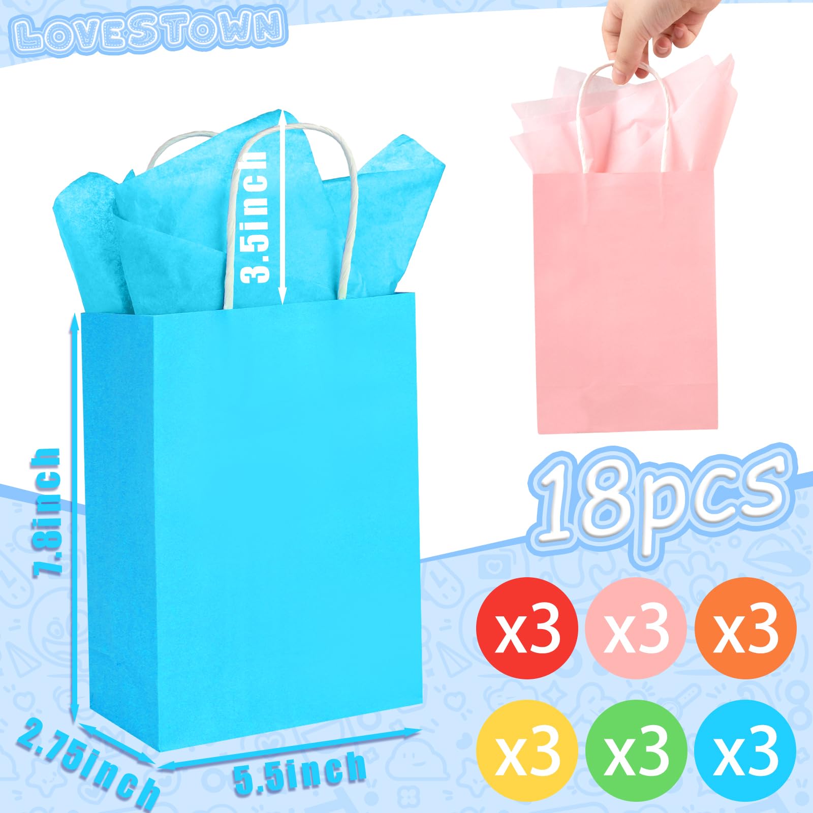 LovesTown 18PCS Gift Bags with Tissue Paper, Party Favor Bags with Handles Small Gift Bags Set 6 Colors for Gift Wrap Birthday and Wedding